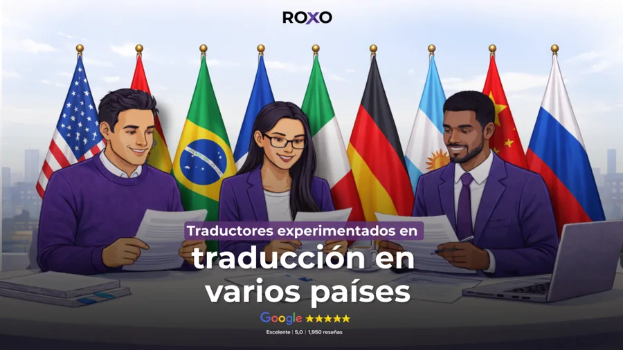 Equipo de Roxo revisando documentos con banderas de varios países; texto principal “Traductores experimentados en traducción en varios países” y calificación de Google.