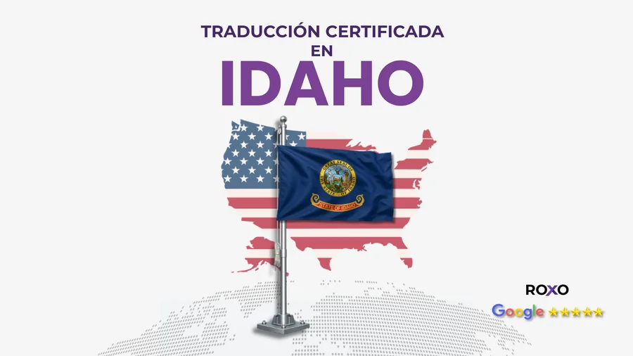 Roxo Traducciones — traducción certificada en Idaho, bandera del estado con sello oficial sobre mapa de EE. UU., calificación 5 estrellas en Google, servicio 100% online