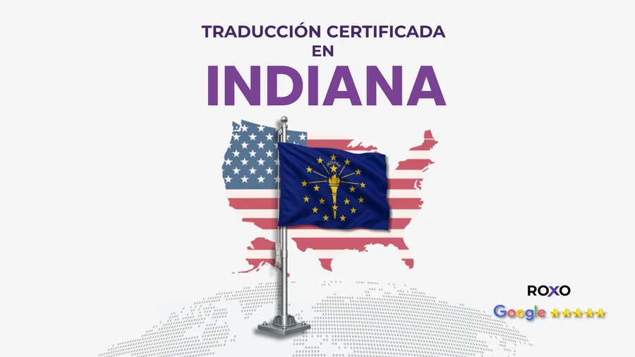 Roxo Traducciones, traducción certificada en Indiana, bandera del estado con antorcha y estrellas sobre mapa de EE. UU., calificación 5 estrellas en Google, servicio 100% online