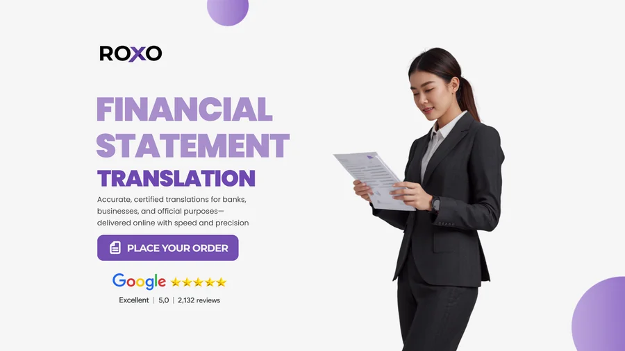 Roxo Translations financial statement translation, professional woman in business suit reviewing documents, accurate certified translations for banks businesses and official purposes, delivered online with speed and precision, Google Excellent 5.0 with 2,132 reviews