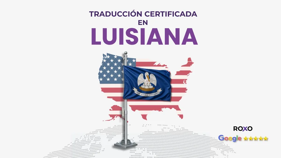 Roxo Traducciones, traducción certificada en Luisiana, bandera azul del estado con pelícano blanco y lema Union Justice Confidence sobre mapa de EE. UU., calificación 5 estrellas en Google