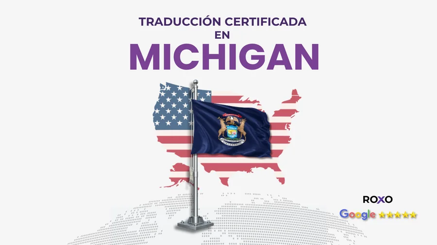 Roxo Traducciones, miniatura blog traducción certificada en Michigan, bandera azul del estado con escudo y ciervos sobre mapa de EE. UU., formato cuadrado