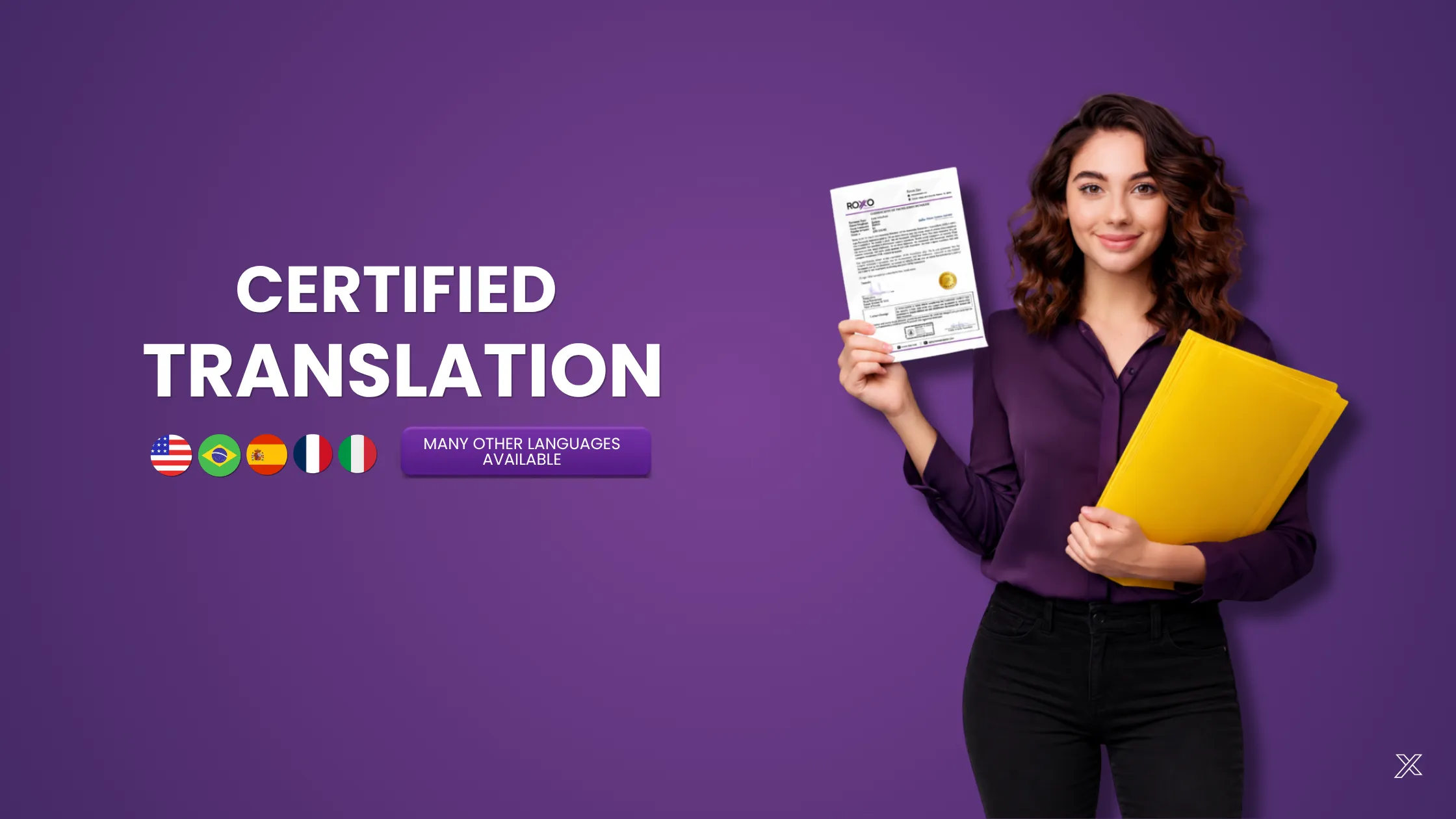 Certified translation in many languages: translator holding the document, Roxo Translations