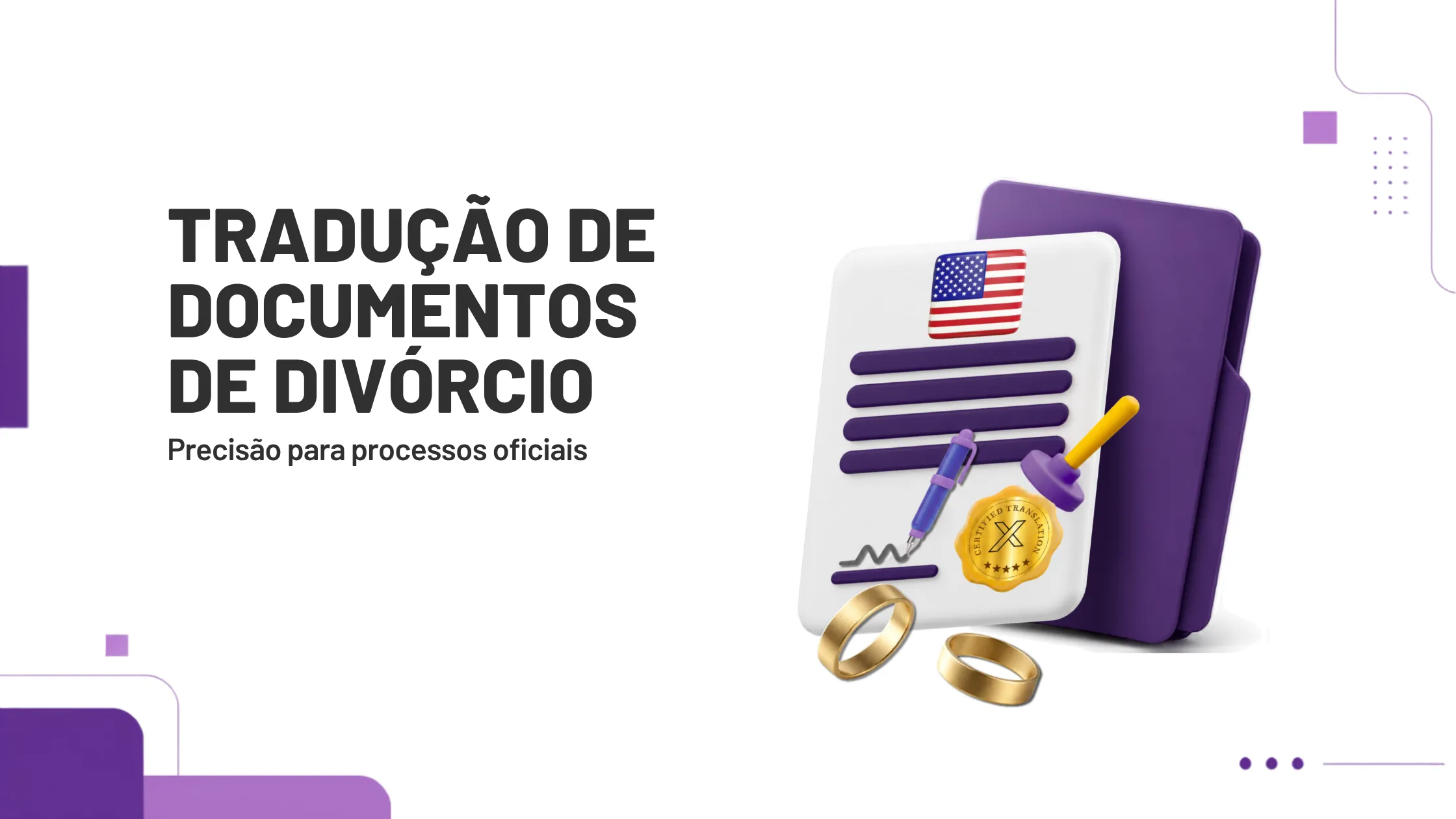 Tradução de documentos de divórcio com alianças e selo, Roxo Traduções