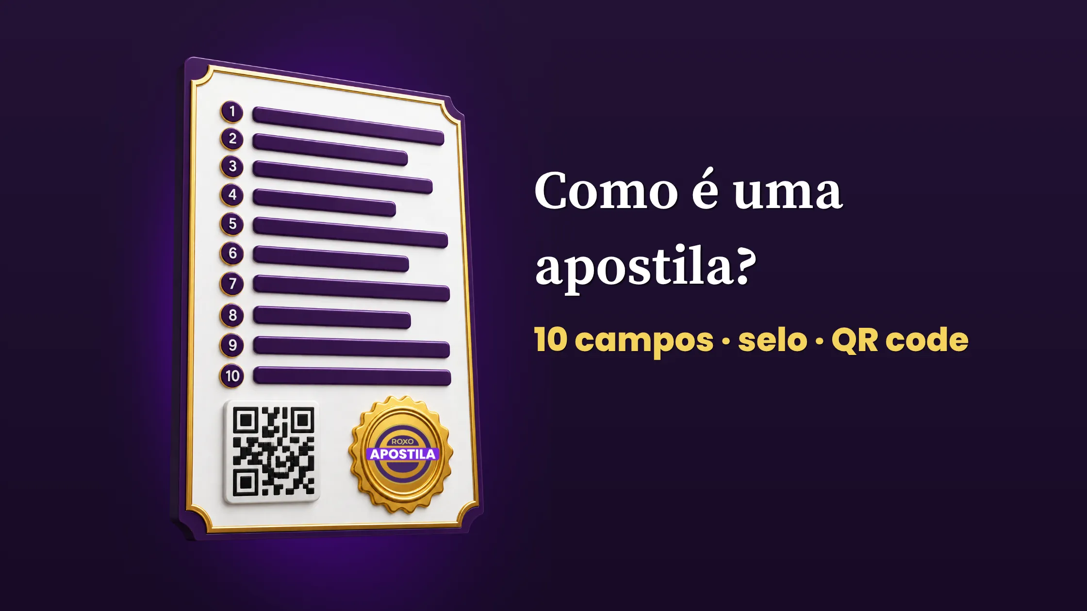 Modelo de apostila com 10 campos numerados, selo e QR code, Roxo Apostila