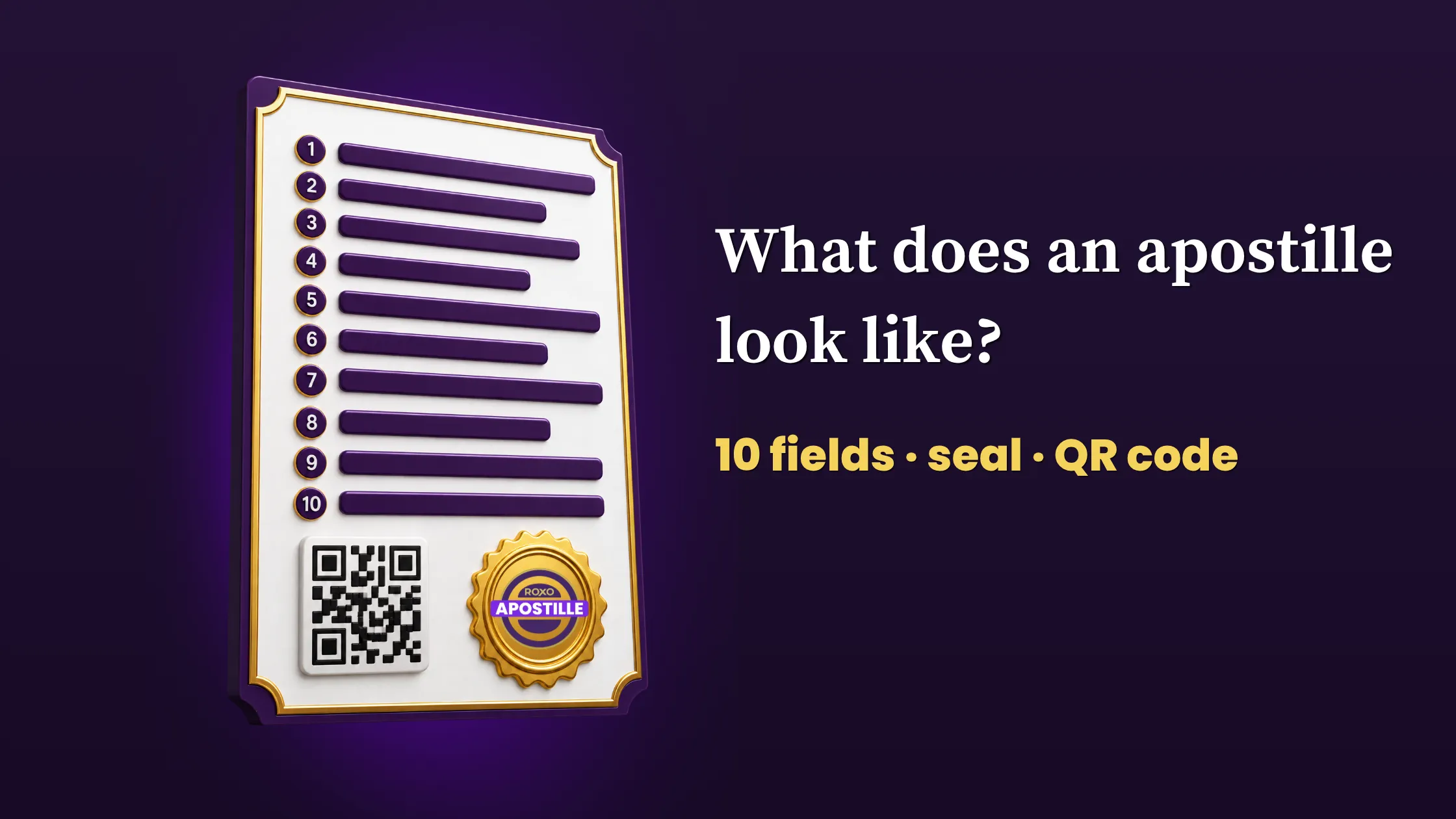 Apostille model with 10 numbered fields, a seal and a QR code, Roxo Apostille