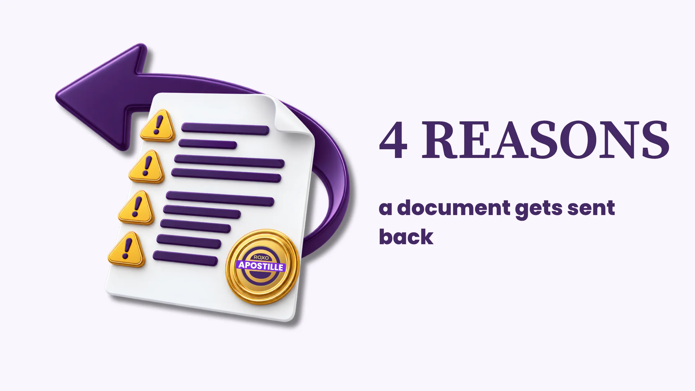Document with warnings and a return arrow: four reasons an apostille is rejected, Roxo Apostille