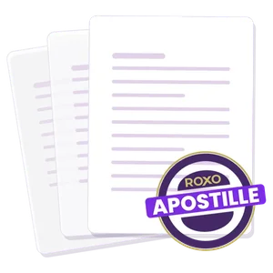 Three stacked documents with the Roxo Apostille seal stamped on the top one.