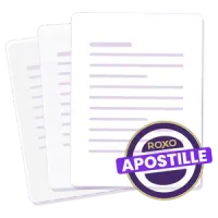 Three stacked documents with the Roxo Apostille seal stamped on the top one.