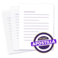 Tres documentos apilados, con el sello de Roxo Apostilla estampado sobre el de arriba.