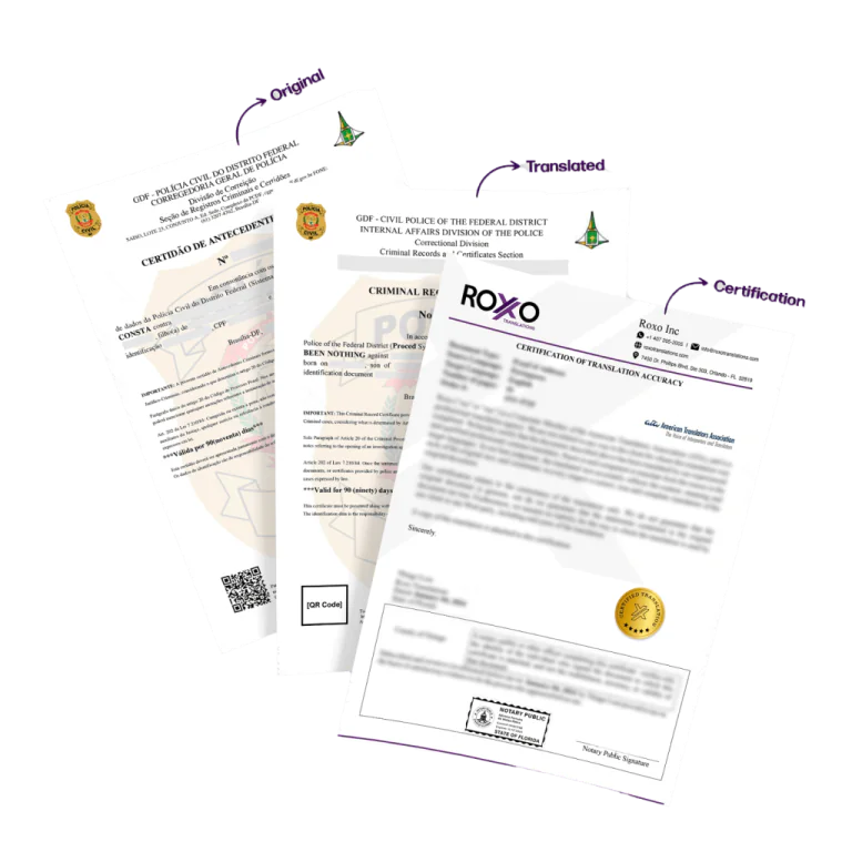 Brazilian criminal background certificate translated into English with certified translation for USCIS