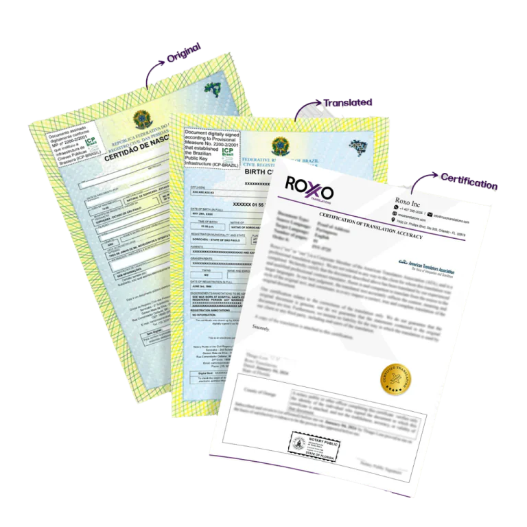 Brazilian birth certificate translated into English with certified translation accepted by USCIS