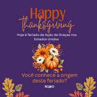 Arte de Thanksgiving com flores e abóbora, texto “Happy Thanksgiving” e mensagem sobre a origem do feriado nos EUA.