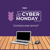 Design com título “Cyber Monday” e ilustração de laptop sobre fundo roxo, questionando o significado do termo.