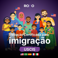Ilustração de pessoas com bandeiras dos EUA e texto “Tradução Certificada para imigração – USCIS”, com bandeiras de idiomas ao rodapé.