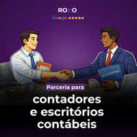 Dois profissionais em reunião apertando as mãos, com a mensagem “Parceria para contadores e escritórios contábeis” e selo de avaliação no topo.