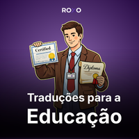 Ilustração de um profissional segurando um certificado e um diploma, com o texto “Traduções para a Educação” e “Certificado e oficial”, e avaliação do Google ao rodapé.