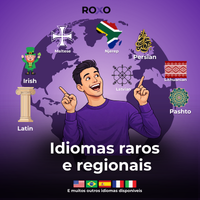 Ilustração com mapa-múndi e destaque para idiomas raros e regionais, promovendo traduções da Roxo.