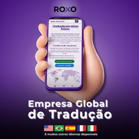 Imagem da Roxo com uma mão segurando um celular exibindo a página “Tradução em Vários Países”, com o texto “Empresa Global de Tradução” e “E muitos outros idiomas disponíveis”.