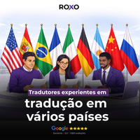 Ilustração da equipe Roxo analisando documentos, com bandeiras de vários países ao fundo e o texto “Tradutores experientes em tradução em vários países”, destacando avaliação no Google.