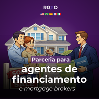 Ilustração de corretor entregando chaves a um casal em frente a uma casa, com texto “Parceria para agentes de financiamento e corretores de hipoteca”.