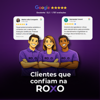 Ilustração de equipe da Roxo com avaliações do Google ao fundo e a frase “Clientes que confiam na ROXO”.