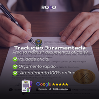 Documento oficial sendo assinado com destaque para o tema tradução juramentada, validade oficial, orçamento rápido e atendimento 100% online.