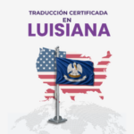 Roxo Traducciones — traducción certificada en Luisiana, bandera azul del estado con pelícano blanco y lema Union Justice Confidence sobre mapa de EE. UU., calificación 5 estrellas en Google