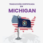 Roxo Traducciones — miniatura blog traducción certificada en Michigan, bandera azul del estado con escudo y ciervos sobre mapa de EE. UU., formato cuadrado